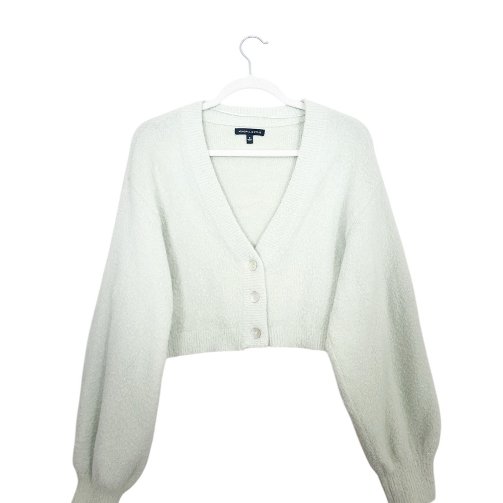 Kendall and Kylie Light Green Cropped Fuzzy Cardigan